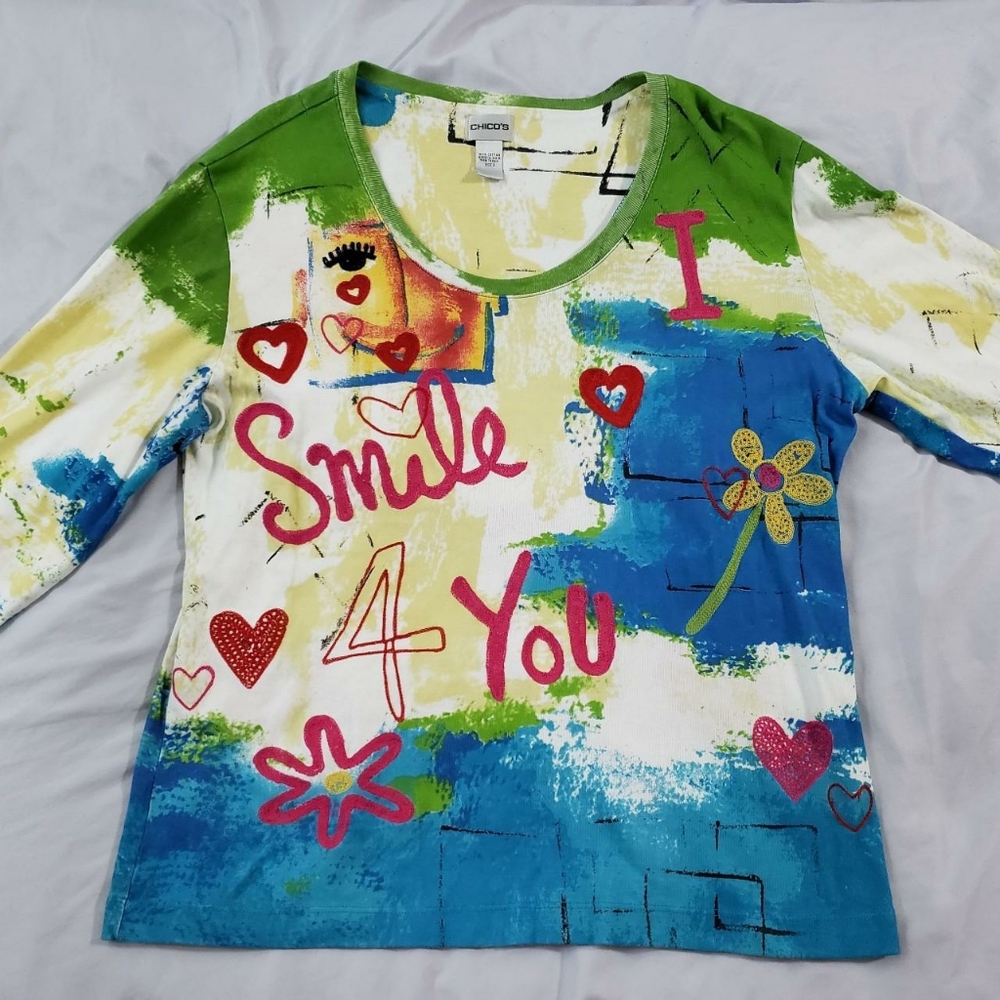 "I Smile 4 You" Artsy Embroidered Doodle Long Sleeve Shirt